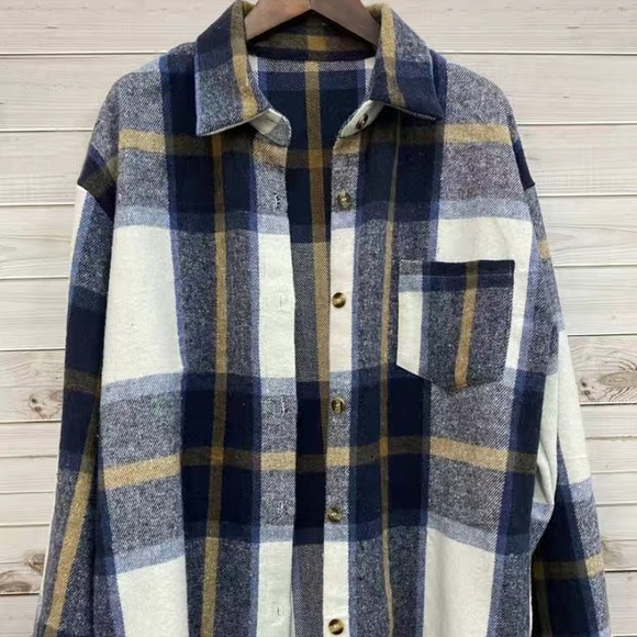 Women’s Blue Plaid Print Shacket Jacket Casual Button Front Long Sleeve NWT - Picture 4 of 8
